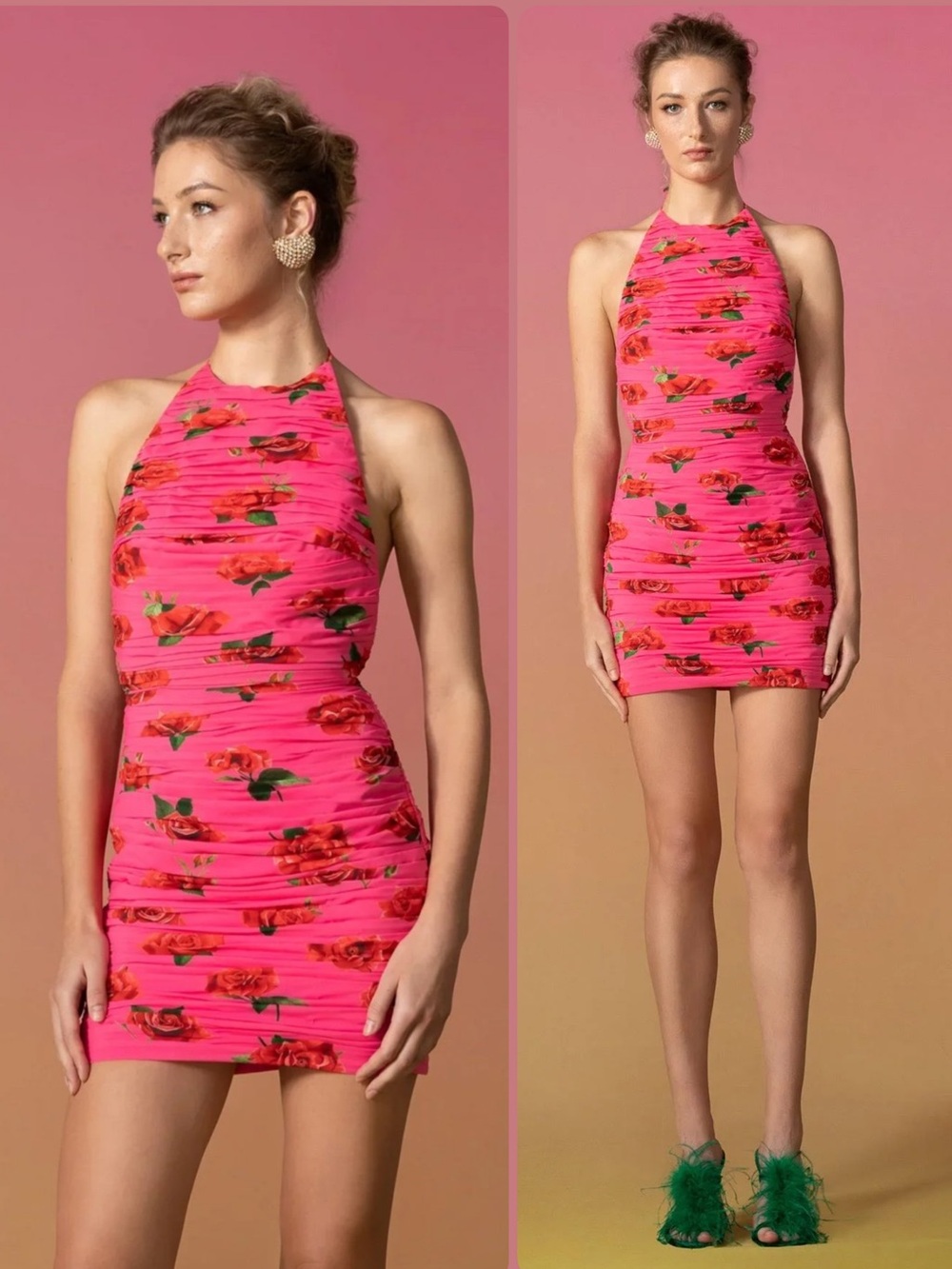 SAU LEE Sonia Floral Halter Ruched Mini Dress NWT $375